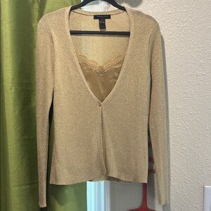 august silk Gold Metallic V-Neck Lightweight Cardigan